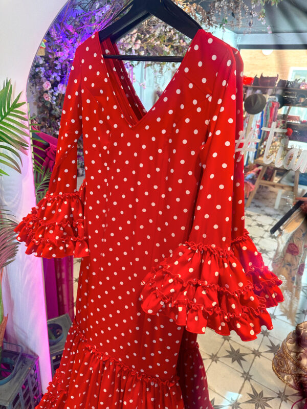 VESTIDO FLAMENCA CAYETANA ROJO LUNAR BLANCO