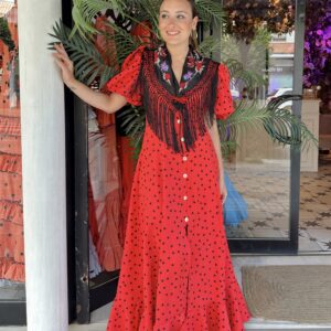 VESTIDO BATA MARISMA ROJO LUNAR NEGRO